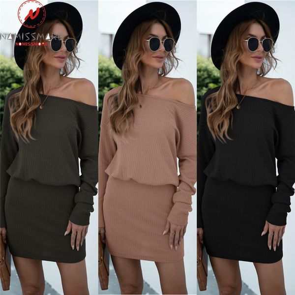 

casual dresses fashion women solid color pencil dress patchwork design skew collar long sleeve mid waist spring autumn slim mini, Black;gray