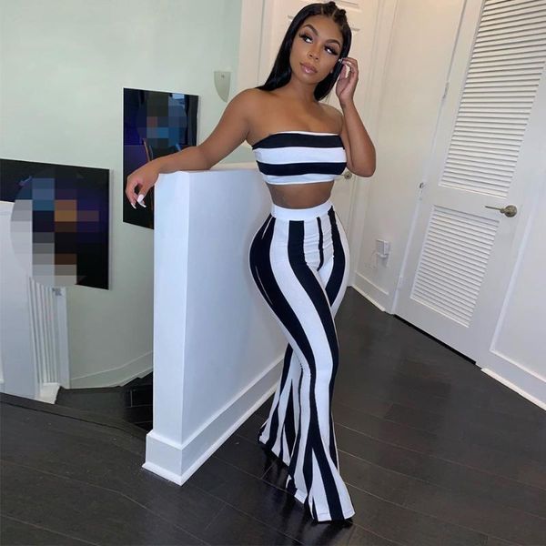 

women's two piece pants crop and wide leg bandage set 2021 arrival black white 2 bodycon summer women club outfits