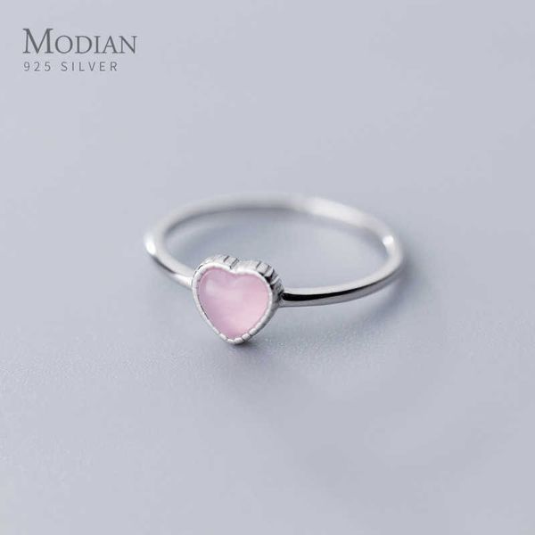Echte 925 Sterling Silber Romantische Rosa Opal Herzen Ringe für Frauen Einstellbare Offene Finger Ring Mode Edlen Schmuck 210707