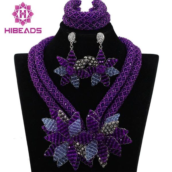 Brincos Colar Amazing Roxo Mulheres Africanas Casamento Nupcial Jóias Jóias Flor Flor Handmade Bead Conjunto QW237