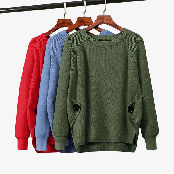 

autumn winter irregular knitted sweater women casual o-neck button thick solid pullovers 210520, White;black