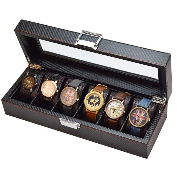 

watch boxes & cases luxury storage organizer box carbon fiber men's watches wooden case display packaging gift, Black;blue