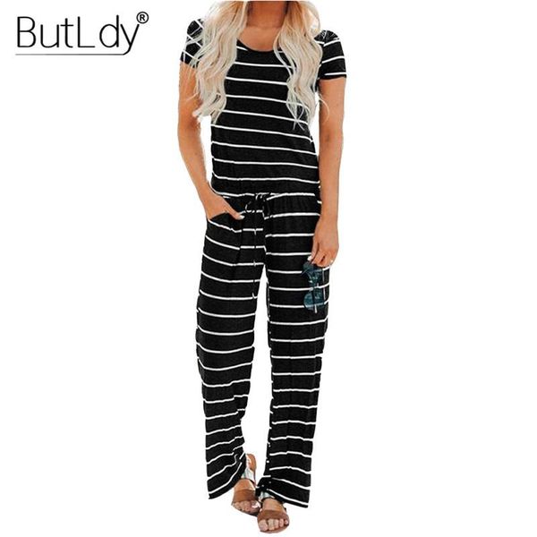 

women's jumpsuits & rompers striped jumpsuit women summer romper 2021 short sleeve o neck casual bodysuit loose long overalls for sport, Black;white
