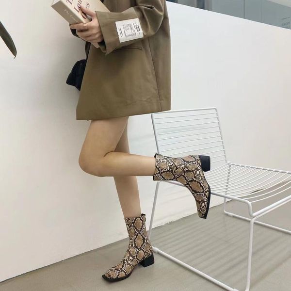 

boots square toe women ankle snake printed white beige thick mid heels short winter ladies woman, Black