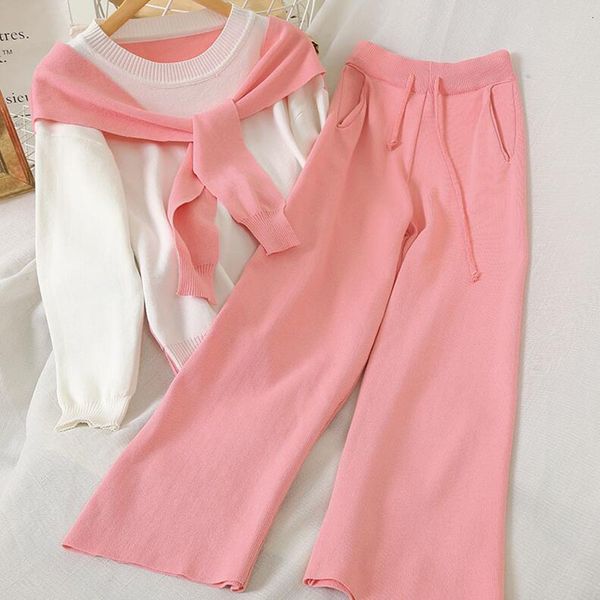 

pants casual fashion 2 pcs women set o neck long sleeve loose false two shawl knit + high waist wide leg pants knitting suit, White