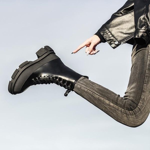 

dress shoes song yang star's same boots, british wind in the tube street motorcycle 2021 lace up leather women's boots, Black