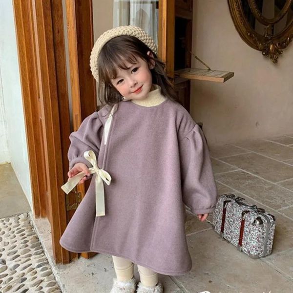 

jackets 2022 year toddler baby woolen dress jacket for girls loose o neck bow padded coat girl cute warm children's outerwear 2 3 6, Blue;gray