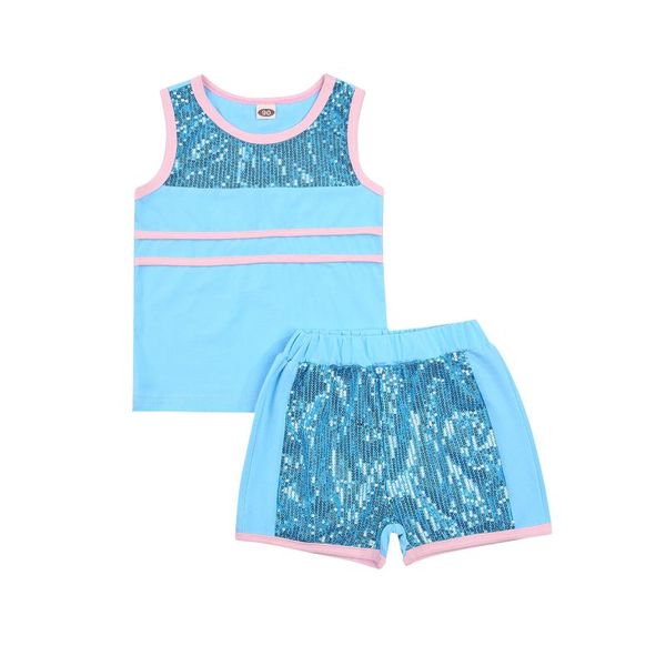 

clothing sets 2021 2pcs little girls outfit summer toddlers sequins decoration color matching round collar sleeveless + shorts 2-7t, White
