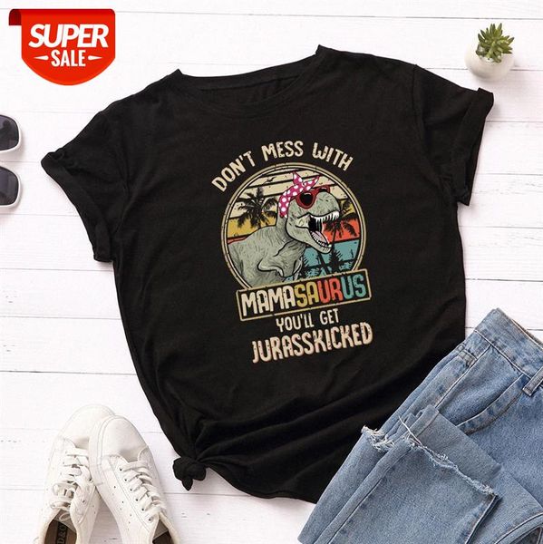 

spot cross-border european and american women's spoof letters dinosaur loose round neck short-sleeved cotton t-shirt women #de9t, White
