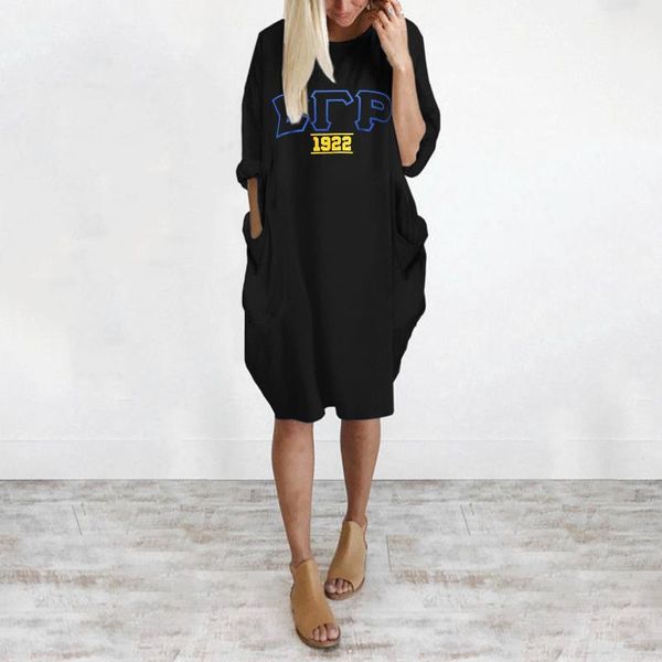 

casual dresses fashsiualy pocket dress women 1922 letters printed loose black yellow o neck long sleeves mini robe femme, Black;gray
