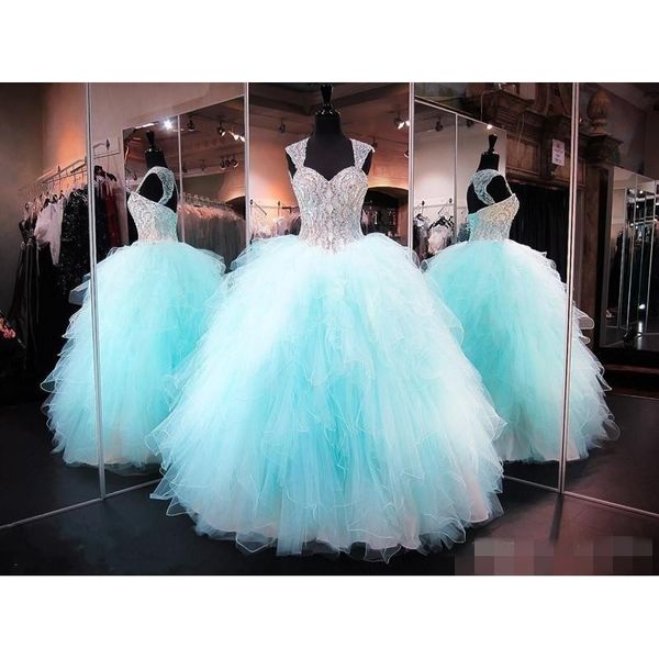 

quinceanera dresses sweetheart mint green tulle lace appliques beaded crystal hollow back tiered skirts puffy party prom evening, Blue;red