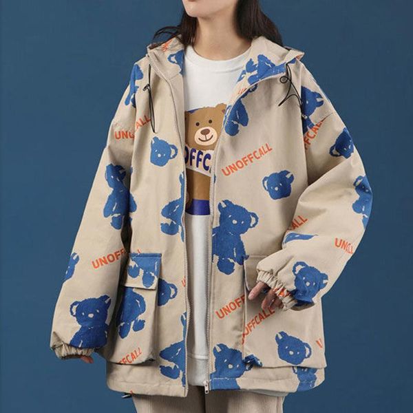 

women's jackets japanese safari style letter bear print coat women drawstring pocket design zipper casual 2021 fall chic, Black;brown