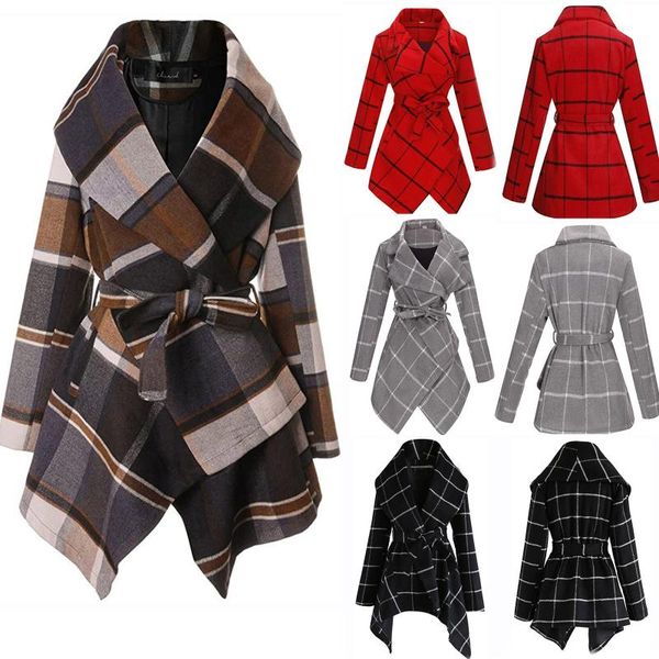 Damenjacken Herbst Winterjacke Umlegekragen Mantel mit Gürtel Wollmischung Asymmetrischer Saum Wickel einfarbig D3