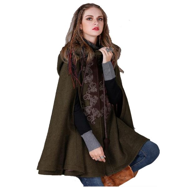 

women's wool & blends women national style cape pattern embroidery hooded worsted knot thick coat street wear pocket clothing army gree, Black