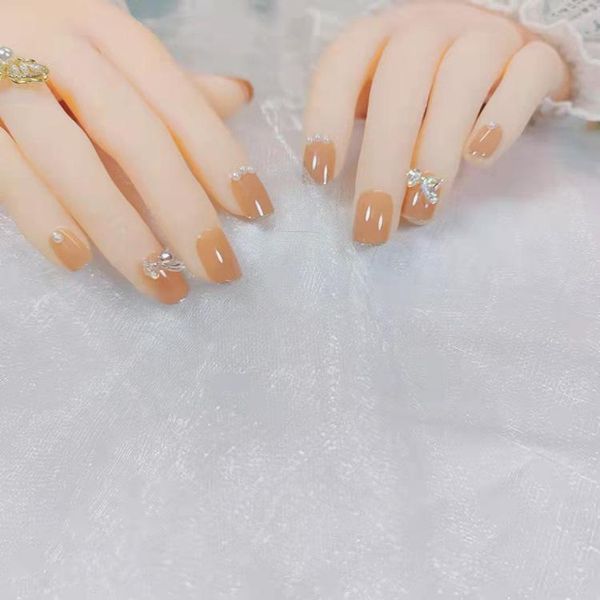 

false nails 2021 fake nail patch short paragraph pearl bow art finished piece 24pcs glue type gifts, Red;gold