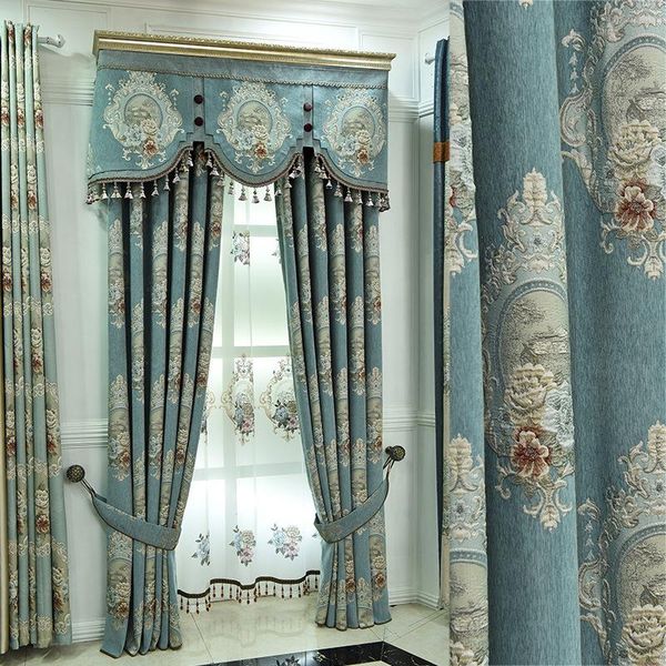 

simple european style french living room bedroom chenille jacquard relief shade curtain cloth finished product & drapes