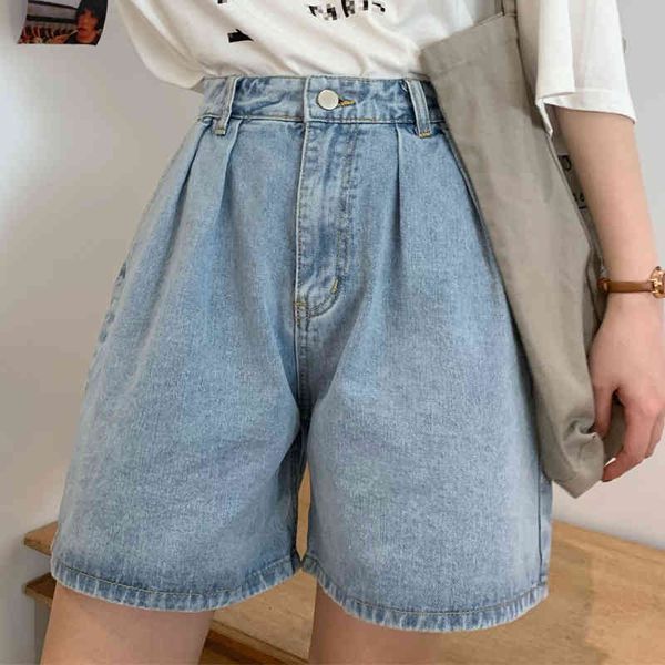 

solid jeans casual cotton shorts summer beige high-waisted wide-leg denim vintage high waist women jeans 518f 210420, White;black