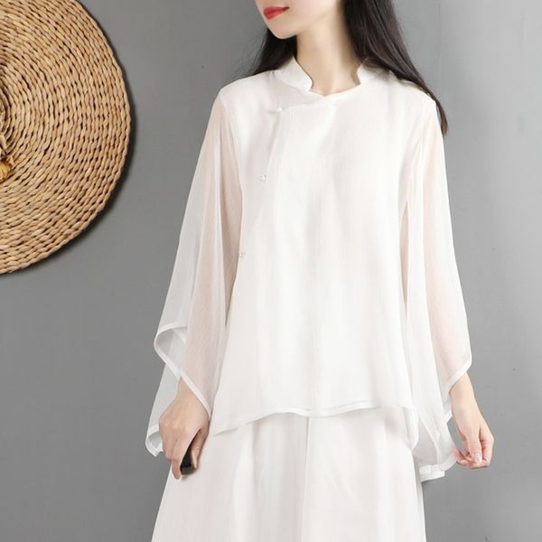 

blouses womens plus size hanfu blusas 2021 spring chiffon silky cheongsam shirts skinny retro ladies chinese woman 12417, Red