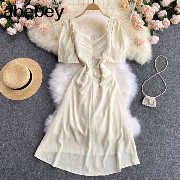 

women korean solid pleated dress puff sleeve square collar a line es summer casual streetwear midi 210512, Black;gray