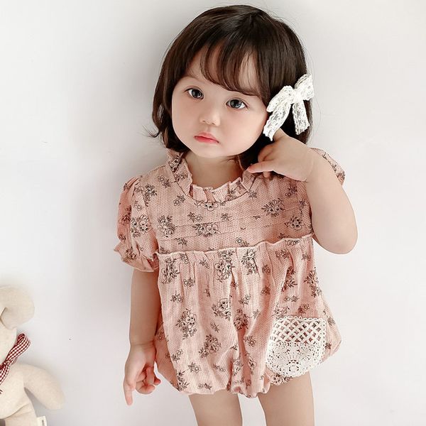 

cute short sleeve rose printing jumpsuit summer baby girls kids clothes rompers 0-3yrs, Blue