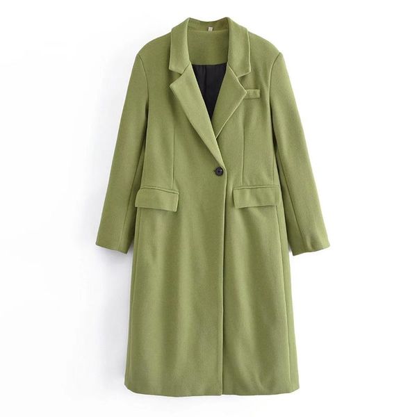 

women's wool & blends willshela women fashion green single button long coat vintage notched neck sleeves woman winter outwear, Black