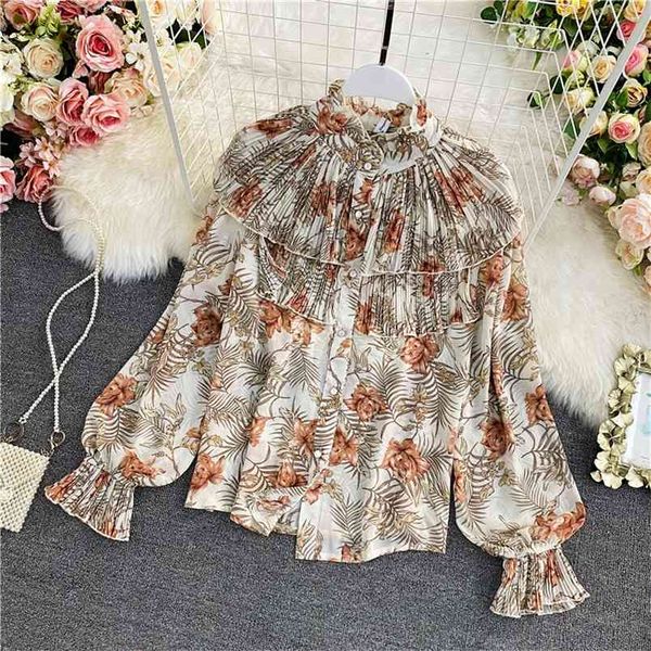 

temperament fashion autumn lady chiffon shirt sweet ruffled slim fit all-match thin print c120 210506, White
