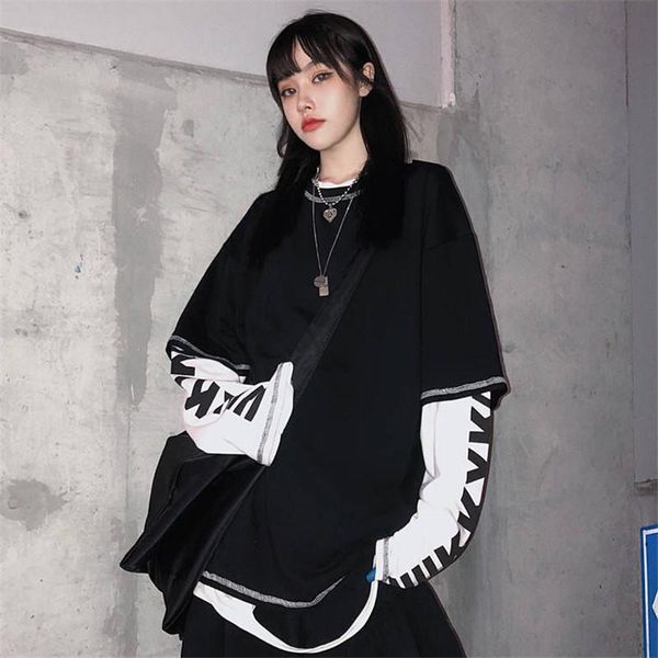 

men's t-shirts autumn patchwork tshirt japan harajuku black hip hop men women fake two piece long sleeve loose t shirt funny, White;black