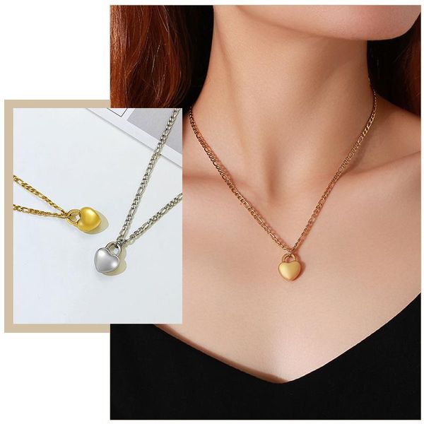 

pendant necklaces classic heart for women, solid gold tone stainless steel with length adjustable figaro chain, simple collar, Silver
