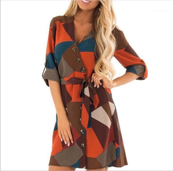 

women casual elegant v-tie square printed irregular dress dresses, Black;gray