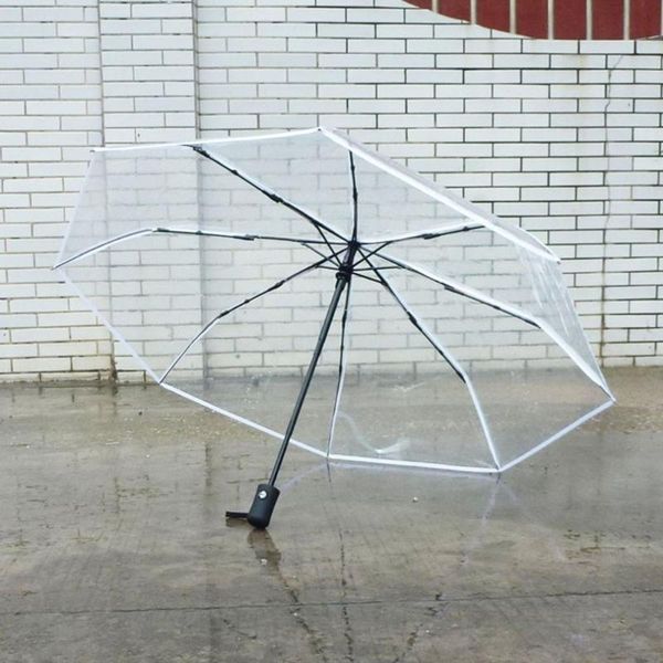 

umbrellas compact fully automatic umbrella three folding clear windproof women men 8 rib rainproof transparent gift