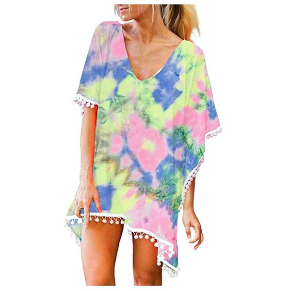 

women's summer print color beachwear fringed ball beach cover-ups swimsuit cover up female clothing swimwear, White;black