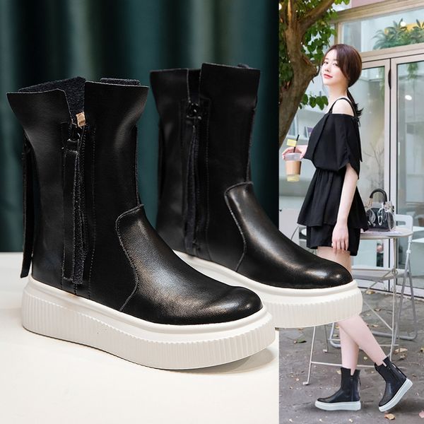 

first layer leather martin 2021 autumn british style muffin thick bottom increased fashion women's short boots, Black