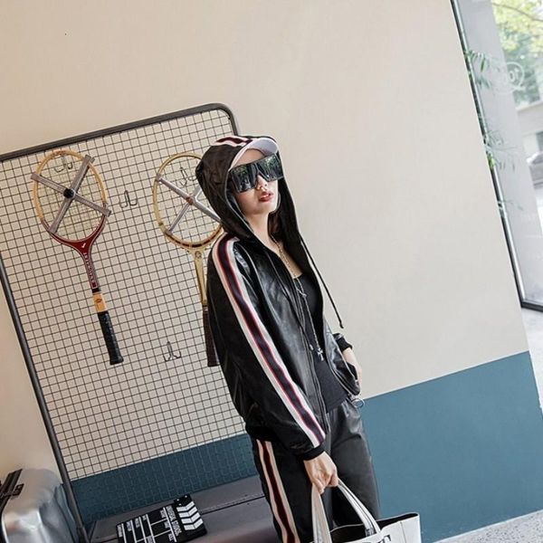 

women's leather & faux spring sheepskin hooded jacket women zipper genuine color mixed short fashion baseball clothing overcoats, Black