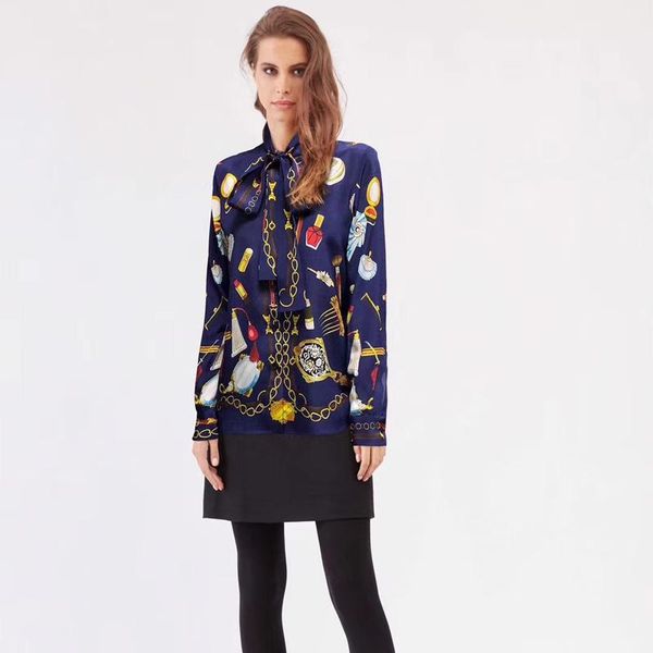 

100% silk women blouse with sashes 2021 spring blue shirt office lady white blouses printed chain shirts women's &