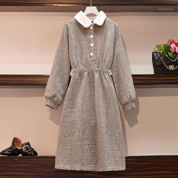 

casual dresses winter large size women's woolen dress vintage long lapel s-4xl female sweet warm, Black;gray