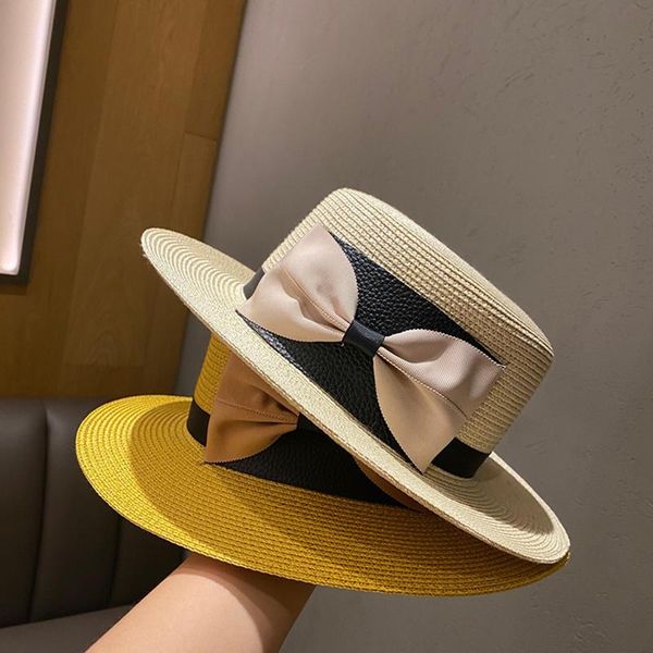 

fashion women wide brim straw hat sun protection bow boater temperament flat summer beach ladies holiday cap hats, Blue;gray