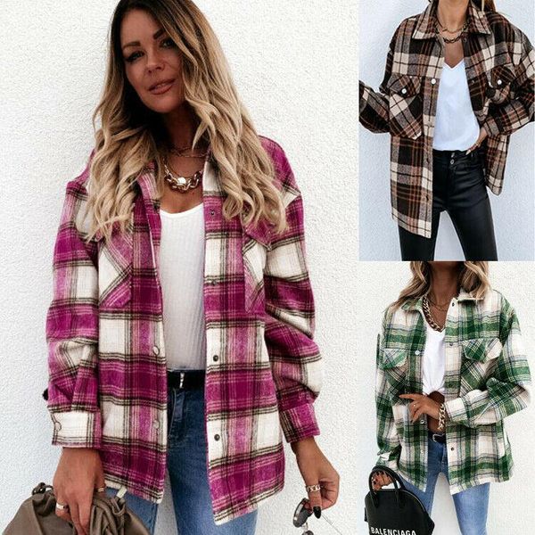 

women's jackets womens ladies fleece checked plaid shacket jacket winter button coat outwear top, Black;brown