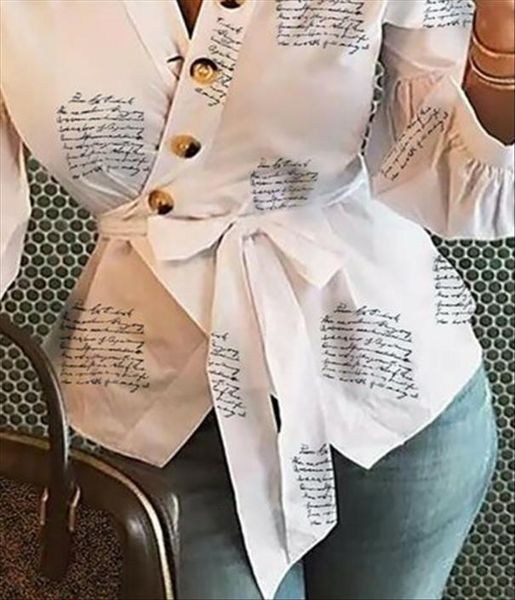 

button clothing long sleeve blusas women blouses casual office print letter lady ol top, White