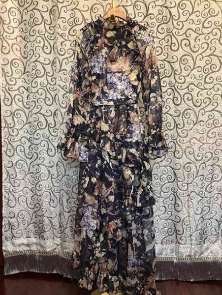 

dress spring summer women elegant flower print ruffle patchwork long sleeve casual party maxi dress chic, Black;gray