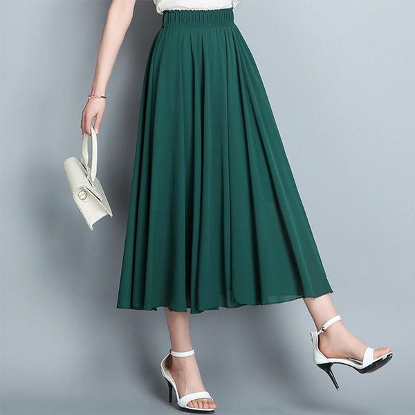

skirts korean chiffon floral skirt female summer elastic high waist pleated a-line fashion elegant jupe femme 2021 clothing zh584, Black