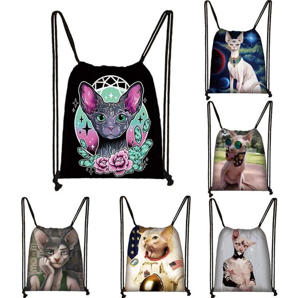 

backpack sphynx cat cartoon print woman canvas drawstring bag ladies leisure travel bags dustproof storage girls bookbag