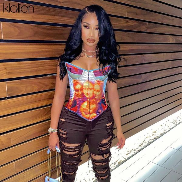 

tanks fashion print bandage slim off shoulder skinny female crop 2021 summer new casual streetwear vest women, White