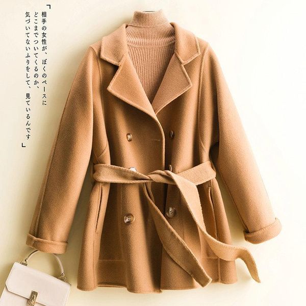 

women's wool & blends autumn and winter 2021 double breasted double-sided cashmere coat korean suit collar short, Black