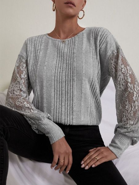 

contrast lace round neck sweatshirt c9vt#, White;black