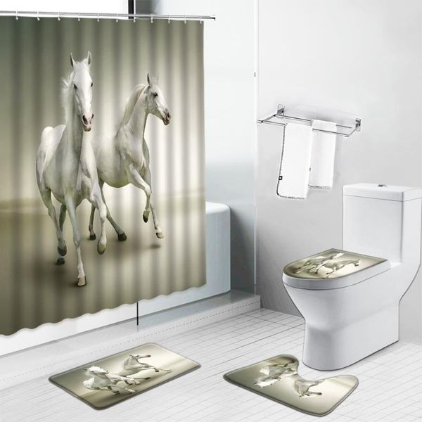 

shower curtains 3d running horse farm animal print curtain flannel toilet lid cover mat bathroom set kitchen carpet non-slip rug