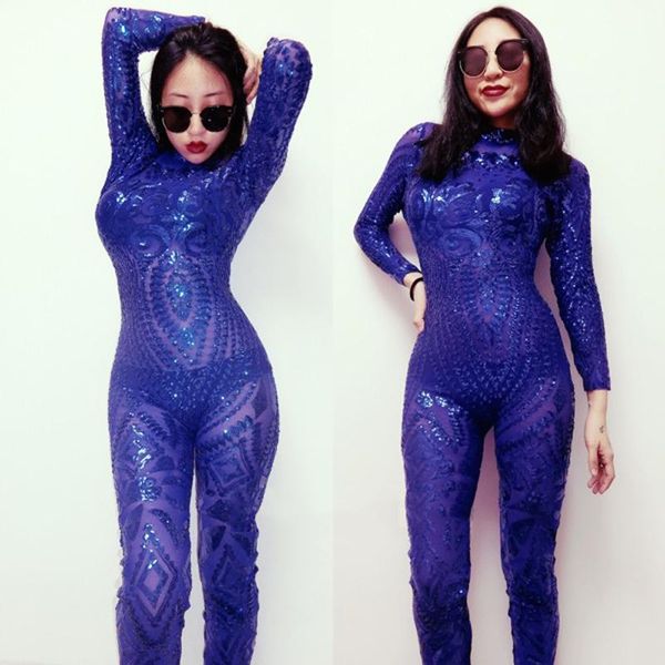 

women's jumpsuits & rompers women blue sequin jumpsuit party outfit singer dancer nightclub team performance, Black;white