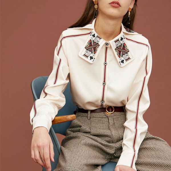 

women's blouses & shirts women blouse shirt female spring special king card print collar cool woman ladies party long sleeve ns634, White