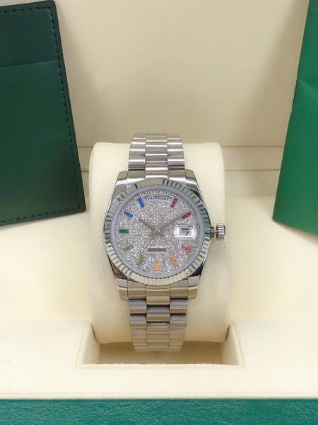 

womens diamond iced out watch 36mm full stainless steel strap automatic mechanical men's watches party gifts for men wristwatches ladie, Slivery;brown