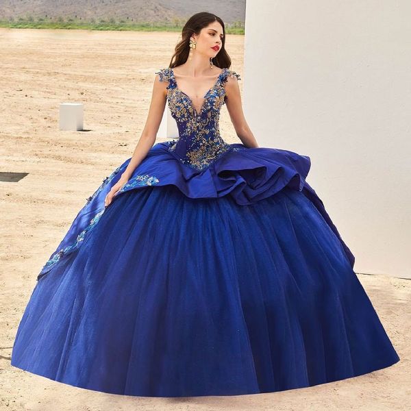 Blue Ball Ball Vestido Quinceanera Vestidos Sheer Deep V Neck Lace Appliqued Vestidos de Prom Camiseta Comprimento Tiered Satin Doce 15 Masquerade Dress