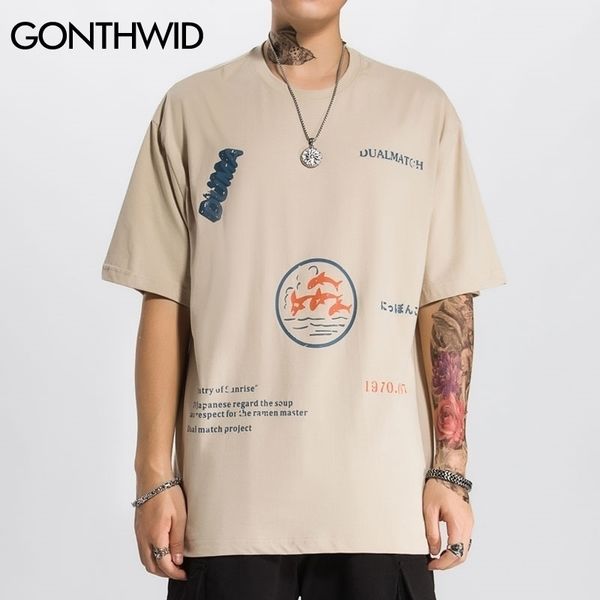 Gonthwid Balinalar Baskı Kısa Kollu Tee Gömlek Harajuku Casual Streetwear T-Shirt Erkekler Hip Hop Yaz Moda Tişörtleri Erkek Tops 210410